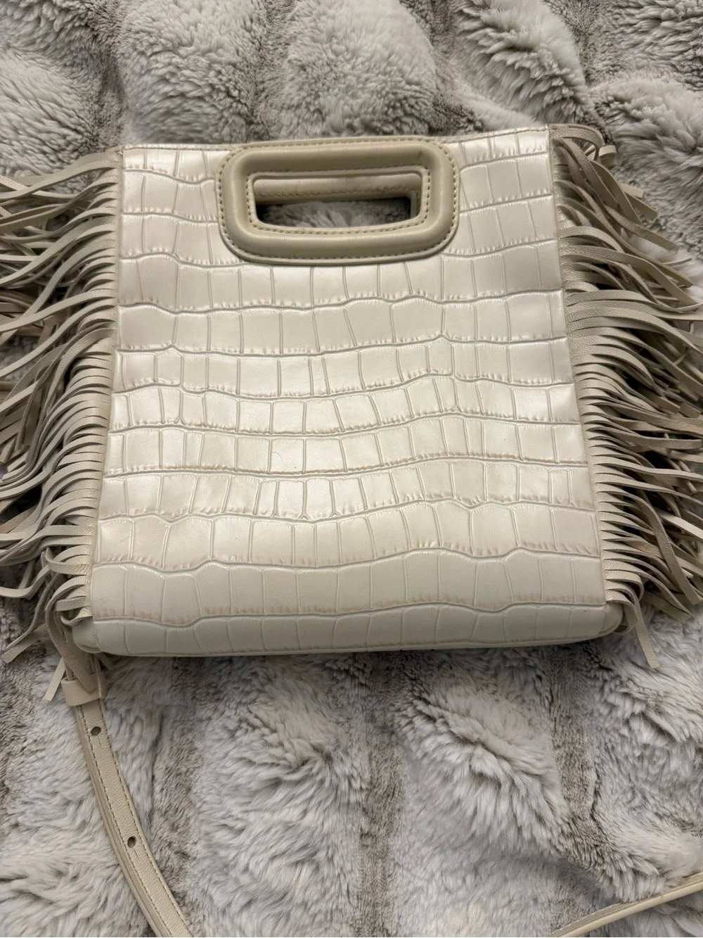 Maje Ivory Crocodile-Effect Fringe Tote